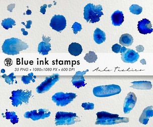 Blue Ink Drops Splashes Set PNG Clipart 300 DPI Printable Instant Download