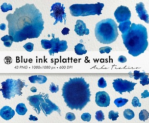 Blue Ink Splatter Wash Set PNG Clipart 300 DPI Printable Instant Download