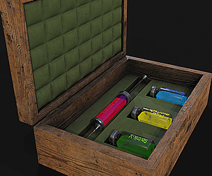 Stylized box with Covid-19 virus and vaccines