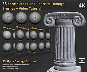 55 Zbrush Stone Damage Brushes+Video Tutorial
