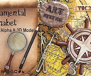 Ornamental Alphabet Brush + Alpha + 3D model vol 7