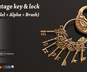 80 Vintage Key & Lock 3D Model + Alpha + Brush