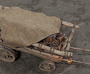A stylized medieval cart with a lamp and barrels