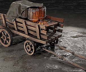 A stylized medieval cart with a lamp and barrels