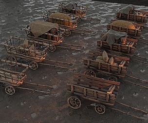 A set of stylized medieval carts with a lamp