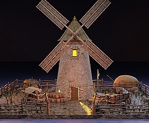 Animated stylized medieval scene of a mill