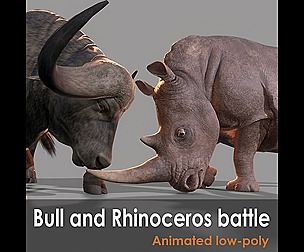 Bull and Rhinoceros battle Low-poly 3D model