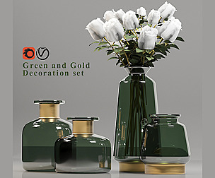 Green & Gold Decorative set with white roses