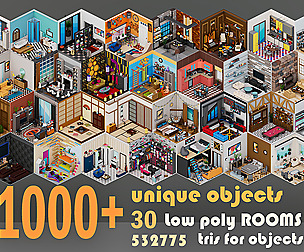 30 Low poly Rooms Interiors 1000+ unique Objects