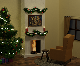 Christmas fireplace hearth warm Tree night view