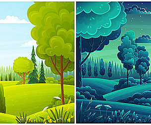 Day & night landscape, hills, forest, fir-trees