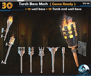 30 Torch Base Mesh (Game Ready) + 10 wall base+...