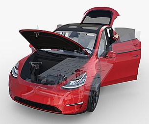 Tesla Model Y AWD Red with interior and chassis