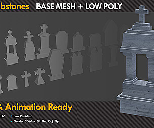 20 Low Poly Tombstones + 20 Base mesh