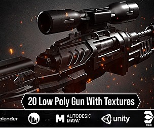 20 Low Poly Guns For Game + Textures (UDIM)