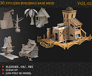 30 Stylized Buildings Base mesh VOL 01