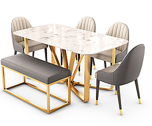 Modern Rectangle Faux Marble Dining Table Gold Set