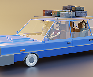 Low Poly cartoon car with 3 rigged characters