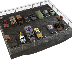 Old Rusty cars in an abandoned parking lot pack