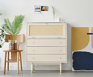 Bund Woody White Rattan 3 Drawer Dresser