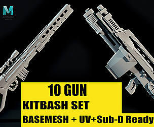 10 Scifi Gun KitbashSet_Basemesh+UV