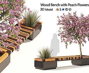 Wood Bench with Peach Flower & Grass Planter