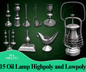15 Oil Lamp Highpoly and Lowpoly