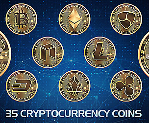 35 Cryptocurrency coins, Golden bitcoin