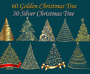 90 Golden & Silver Christmas Tree Clipart