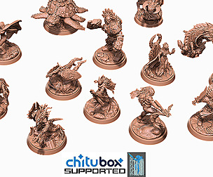 Thirteen fantasy 3D printable minis with bases.