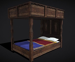 Rustic Wooden Bed with Red and Blue Blanket