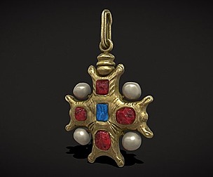 Gold Ruby Sapphire Pearl Cross Pendant
