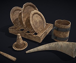 Wooden Medieval Dish Washing Set Low-poly 3D model