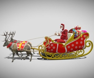 Santa Claus rides reindeer sleigh