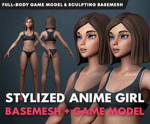 Stylized Anime Girl Game Model & Basemesh