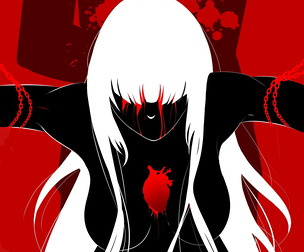 A young woman in long hair with a red heart