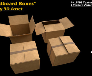 4 Cardboard Boxes - Low Poly, 3D Asset