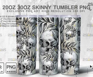 20oz Skulls And Flower Skinny Tumbler Design