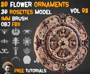 80 Flower Ornaments & 30 Rosettes 3D Model - Vol 8