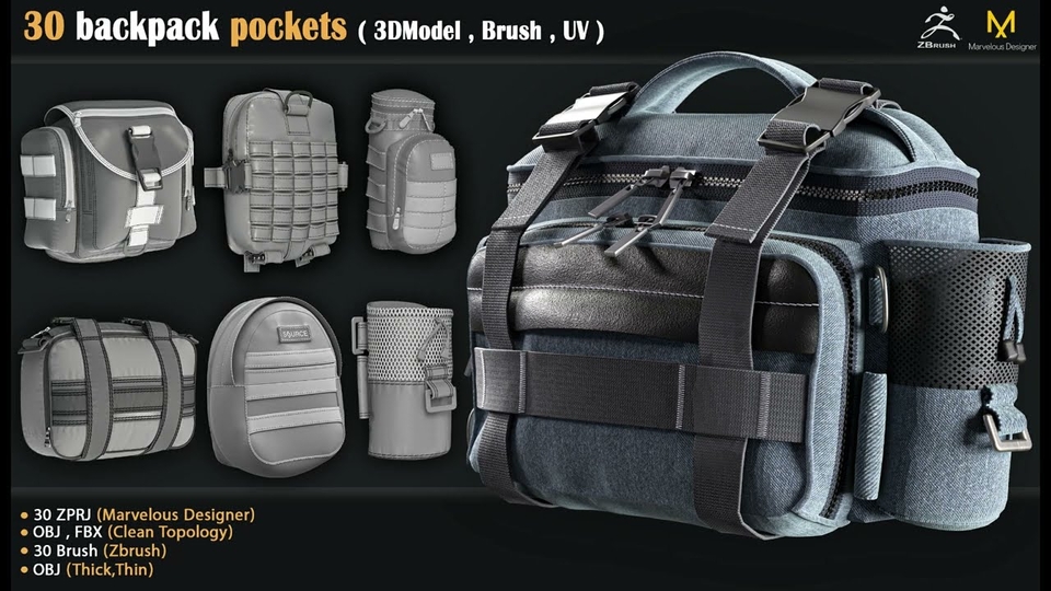 30 backpack pockets ( 3DModel , Brush , UV )