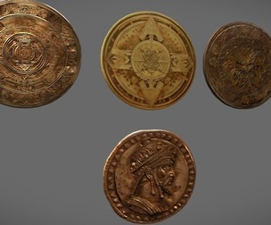 Gold coin with ancient symbols