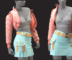 girl's outfit + jacket + skirt + belt + croptop