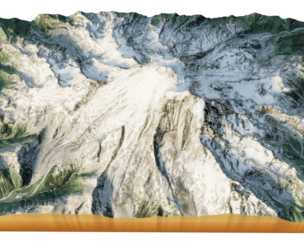 snowy mountain with slopes and forests