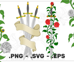 Vector Design of Sword Surrounded by Roses