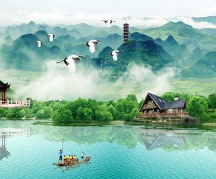 Asian landscape scenery background. PSD template