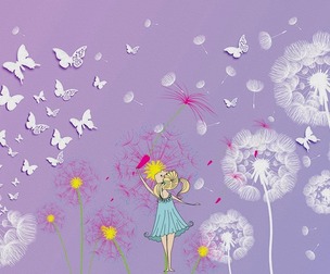 Purple 3D dandelion girl butterfly background wall
