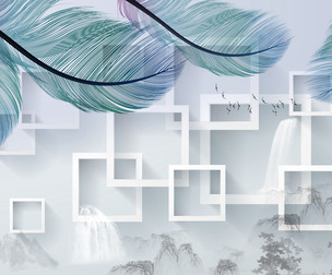 3D green feathers landscape wall, PSD Template