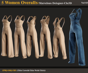 5 Women Overalls -Md-Clo3D - FBX - OBJ