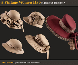 5 Vintage Women Hats-MD-CLo3D -ZPRJ - FBX - OBJ