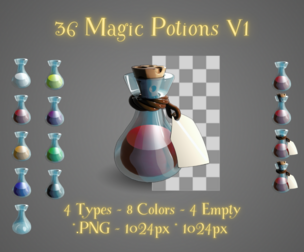 36 PNG Magic Potions with 8 Colors, 4 Variations